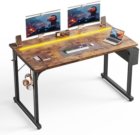 DurayLoly 48" Computer Desk with Waterproof LED Lights for Bedroom,Brown by Durayloly
