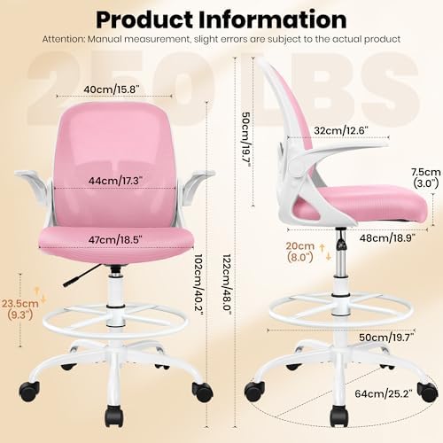 Primy Drafting Chair Tall Office Chair with Flip-up Armrests Executive Ergonomic Computer Standing Desk Chair with Lumbar Support and Adjustable Footrest Ring (Pink) - Image 3