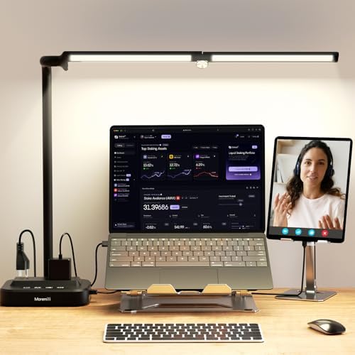 LED Desk Lamp for Home Office: Desk Light Double Head Adjustable with Power Strip 2 AC Outlets, USB-C USB-A Charging Ports Surge Protection, Foldable Table Lamp for College Dorm Room Essentials by Moremili