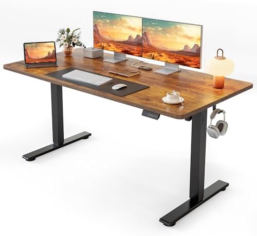 Cubiker Standing Desk, 55x28 Inches Sit Stand Home Office Desk, Electric Stand up Desk, Adjustable Desk with Splice Board, Black Frame/Rustic Brown Top by CubikerHomeOfficeFurniture