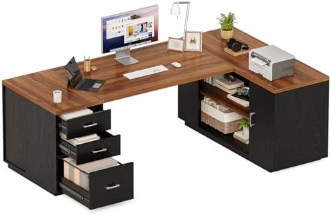 LITTLE TREE 87-Inch Modern Executive Desk with File Cabinet, Large Home Office Desk with Drawers, 3-Drawer Wooden File Cabinet, Spacious Workstation for Home Office (Brown & Black) - Image 3