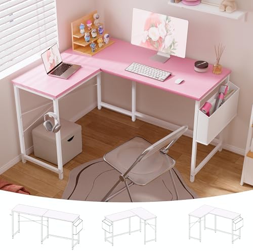 Pamray 47 Inch Reversible L Shaped Gaming Desk Corner Computer Desk with Storage Bag Home Office Table for Writing Study Pink by PAMRAY