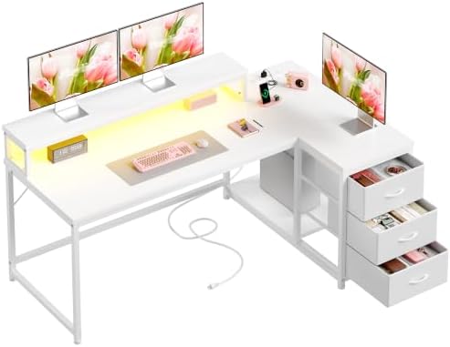 EnHomee 55" White L Shaped Desk with 3 Storage Drawers for Home Office by EnHomee
