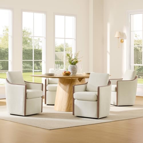 CHITA Upholstered Dining Chairs Set of 4 with Hidden Casters, Cream by Unknown
