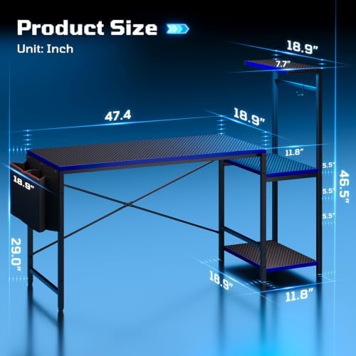 60'' Gaming Desk with LED Lights, Side Storage Bag, Black&Blue - Image 3