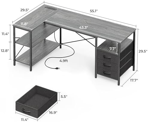 Huuger L Shaped Office Desk with Power Outlets & 3 Drawers - Image 3