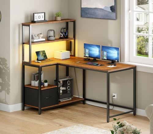 HOOBRO L Shaped Gaming Desk, 46 Inch Reversible Computer Desk with LED Light & Power Outlet, Office Desk with Storage Shelves & Drawer, for Home Office, Study, Rustic Brown and Black BF18UDDN01 - Image 2