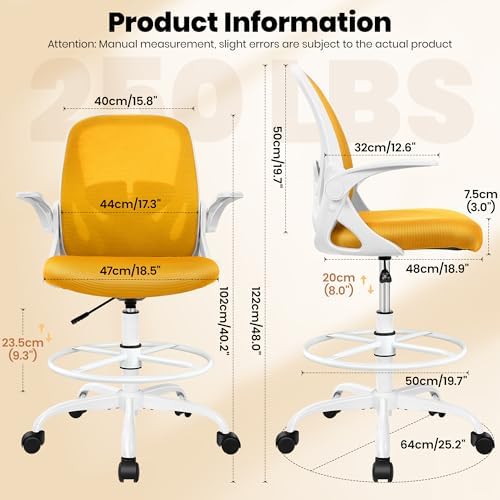 Primy Drafting Chair Tall Office Chair with Flip-up Armrests Executive Ergonomic Computer Standing Desk Chair with Lumbar Support and Adjustable Footrest Ring (Mustard) - Image 3