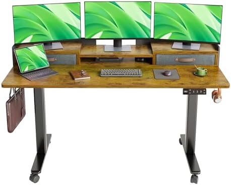 Claiks Standing Desk with Drawers & Wheels, 2 Height Shelf 59" Rustic Brown by CLAIKS