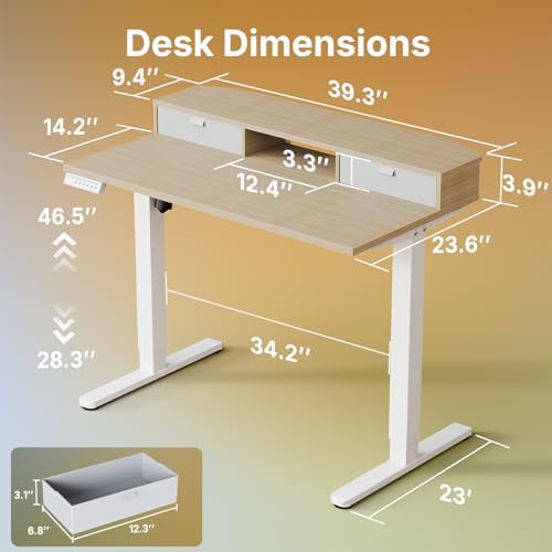 HUANUO 40" X 24" Electric Standing Desk with 2 Drawers, C-Clamp Mount Compatible, Height Adjustable Computer Desk, Home Office Stand Up Desk with 4 Preset Heights & 2 Hooks, Light Walnut - Image 2