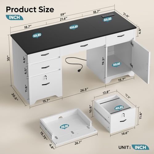 Bestier 59” Office Desk with Lockable Drawers, Modern Computer Desk with File Drawer, Charging Station & Drop-Front Keyboard Drawer, Executive Desk with Storage Cabinet for Home Office & Studio, White - Image 2