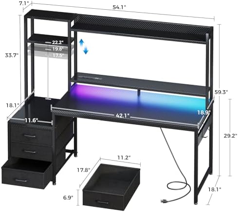 Casaottima 55 Inch Gaming Desk with Hutch & LED Lights & PC Tower Stand - Image 3