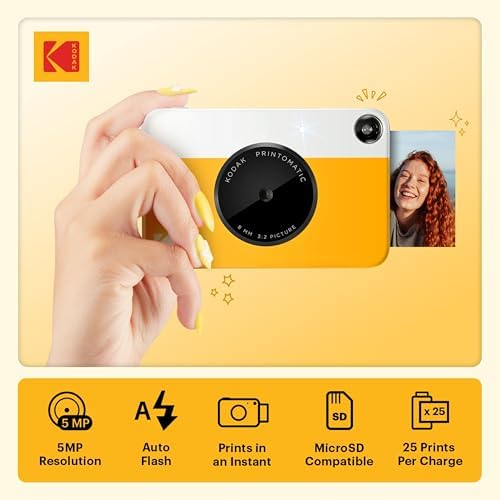 KODAK Printomatic Full-Color Instant Print Digital Camera Colorful Photos On Zink 2x3" Sticky-Back Photo Paper 5MP Gift Bundle: Case + Zink 2x3" 20pk + Album + Stickers + Frames + Markers - Yellow - Image 2