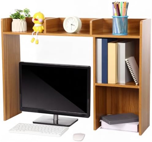 Briwooody Dorm Desk Bookshelf Desk Hutch Organizer with 5 Shelves and 3 Tier Desktop Hutch Storage Organizer for College Dorm Home Office Supply, 32.5 x 23.5 x 8 Inch (Wood) by Briwooody