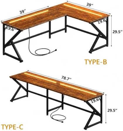39.4'' L Shaped Gaming Desk with LED Lights & Power Outlets, Rustic Brown - Image 3
