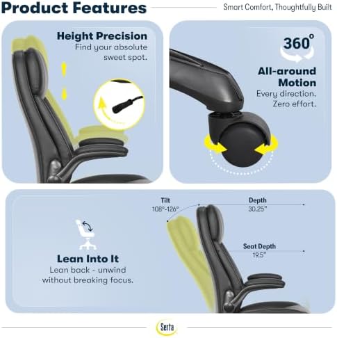 Serta Big and Tall Office Chair with Lumbar Support, Flip Arm Leather Chair - Image 5