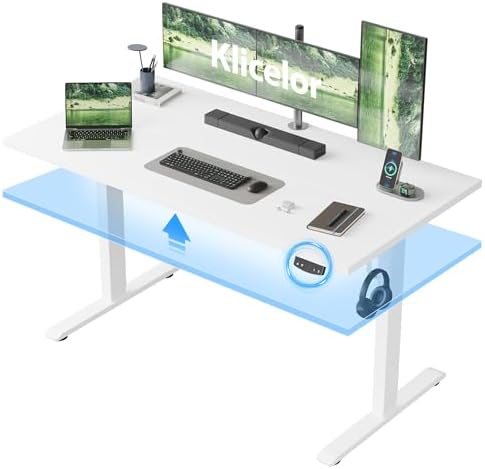 Klicelor 55 Inch Large Electric Standing Desk, Height Adjustable Office Desk, Sit Stand Up Computer Gaming Desk with Memory Preset, Two-Piece Desktop, White by Klicelor