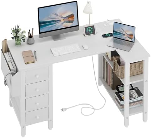 Lufeiya White L Shaped Computer Desk with Drawers & Storage Shelves, 47 Inch Corner Reversible Desk with Power Outlet for Home Office Bedroom, L-Shaped Teen PC Desks with Fabric Drawer, White by LUFEIYA