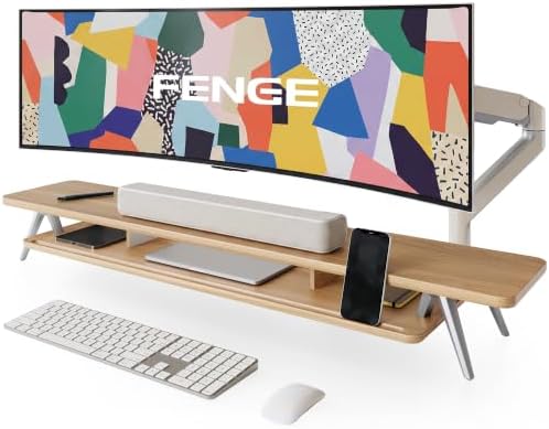 Fenge Dual Monitor Stand Riser, Wooden Desk Shelf with 2-Tier Storage by Fenge