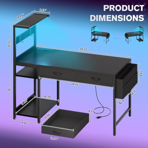40 Inch Small Gaming Desk with Drawers & Led Lights & Storage Bag, Black - Image 3