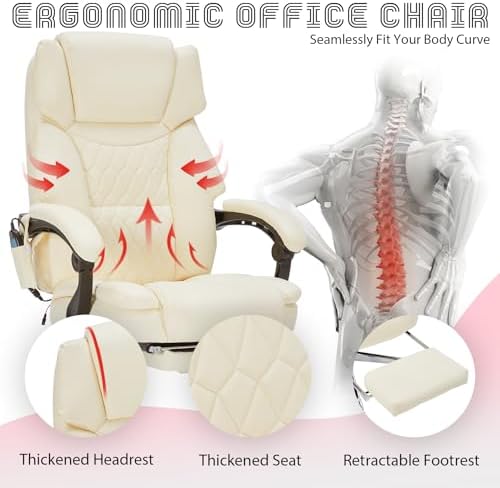 Massage Office Chair with Foot Rest 6 Points Vibration and Heat Home Office Desk Chairs for Heavy People 400lbs Reclining Managerial Chairs Ergonomic Executive Chair (Cream) - Image 6