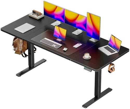 Huuger 63 x 28 Large Electric Standing Desk, Height Adjustable Computer Desk, 27.6" Deep Desktop, Stand up Gaming Office Table with 2 Hooks, 3 Preset Heights, for Home Office, Black by Huuger