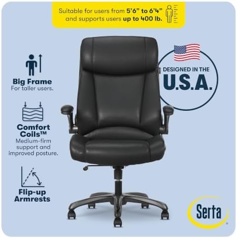 Serta Big and Tall Office Chair with Lumbar Support, Flip Arm Leather Chair - Image 3