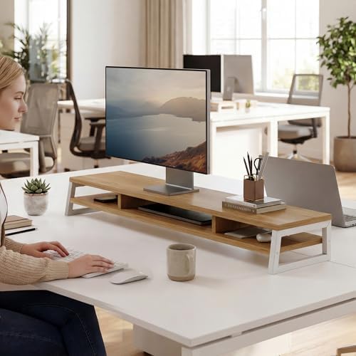 Fenge Dual Monitor Riser for Desk, Open Shelf with 3 Storage Compartments - Image 2