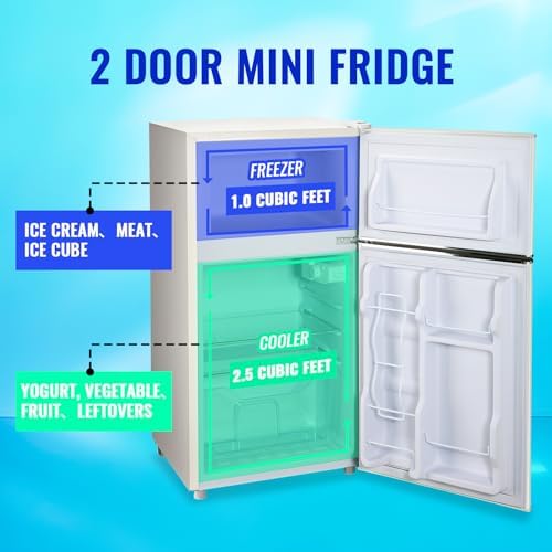 Mini Refrigerator with Freezer Small Fridge Double Door Side Drink Holder Adjustable Glass Shelves, Plastic Crisper, 7 Level Temperature Control for Bedroom, Office, Apartment White - Image 2