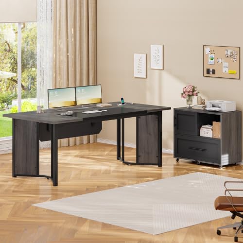 UPOSOJA 63" Executive Desk with Mobile File Cabinet, Large Office Desk with Drawer, Modern L Shaped Desk with Power Outlets, Storage Shelves, Corner Computer Desk Business Workstation Set (Grey) - Image 5