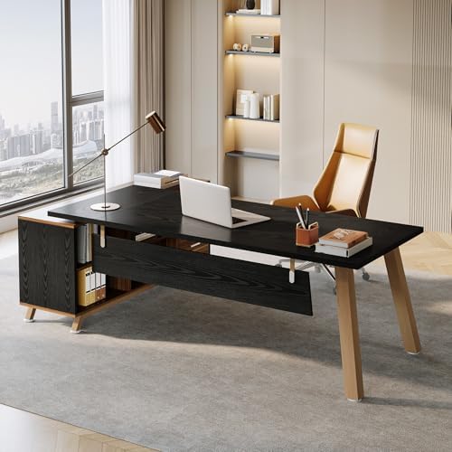 Tribesigns 78.7" L-Shaped Executive Desk, Modern Office Desk with File Drawers & Storage Shelves, Large Computer Desk with 55-Inch Cabinet, Business Workstation for Home Office, Black & Walnut - Image 6
