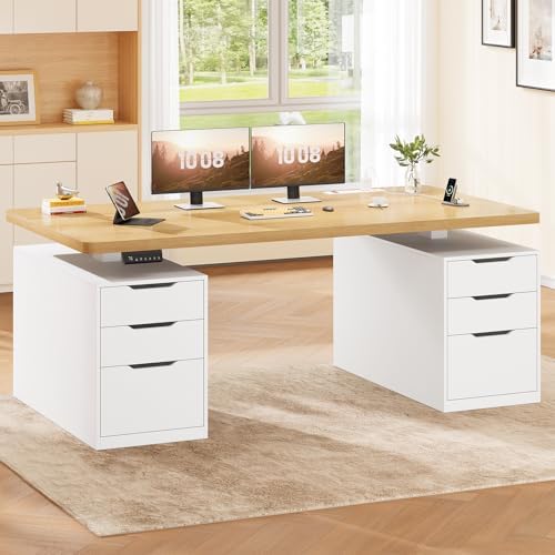 SEDETA 55" Electric Standing Desk with 6 Drawers, Adjustable Stand up Desk with Storage, Computer Desks with Power Outlets for Home Office, White + Oak by SEDETA