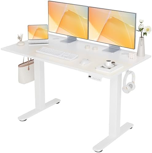 Seang Electric Standing Desk Adjustable Height, 48 x 24 Inch Sit Stand Desk with T-Shaped Frame, 3 Memory Presets & Cable Management for Home Office Computer Workstation, White Frame/White Top by Seang