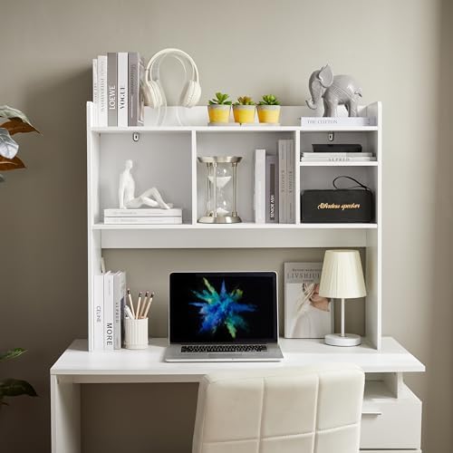 Nromant Desktop Bookshelf, Wooden Desk Storage Hutch with 6 Shelves for Computer Desk, 3-Tier Desktop Display Organizer Rack for Office Home (White) - Image 5