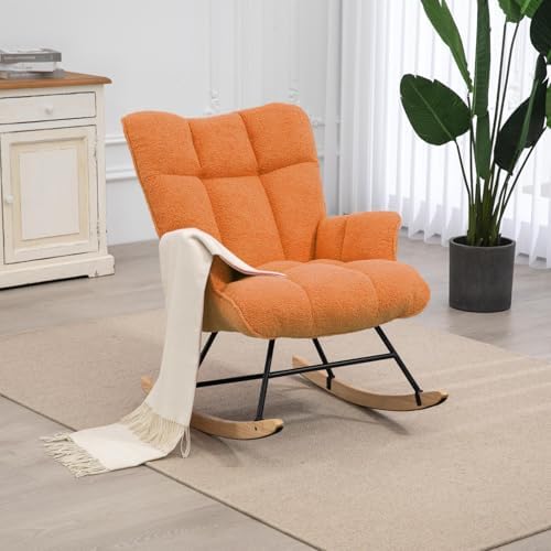 SAETSFEG Rocking Chair Nursery Teddy Upholstered Glider Rocker Rocking Accent Chair Padded Seat with High Backrest Armchair Comfy Side Chair for Living Room Bedroom Offices (Orange Teddy) by SAETSFEG