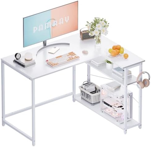 Pamray 43 Inch L Shaped Computer Desk with Reversible Side Storage Shelves, Small Corner Desk for Small Space Home Office,Writing Study Table PC Desk for Bedroom,White by PAMRAY