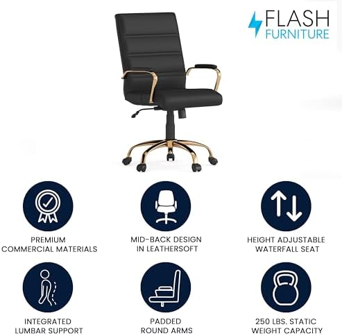 Flash Furniture Mid-Back Black LeatherSoft Executive Swivel Office Chair with Gold Frame and Arms - Image 4