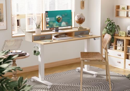 Claiks Standing Desk with Drawers & Wheels, 2 Height Shelf 55" Natural - Image 2