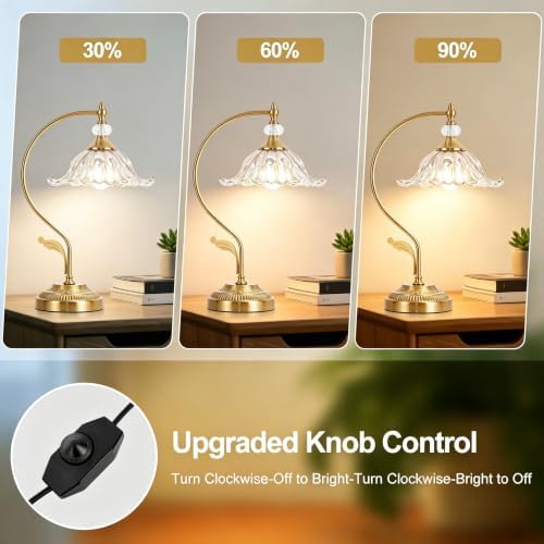 Vintage Floral Table Lamp, Plug in Mid-Century Modern Desk Lamp with Transparent Glass Shade, Gold Bedside Table Lamp Dimmable for Bedroom Living Room Home Office, E26 Base, UL Listed - Image 2