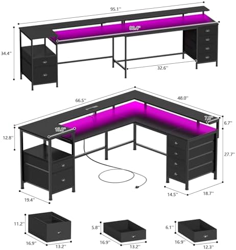 Furologee 66'' L Shaped Gaming Desk with 6 Drawers, LED, Outlets, Black - Image 3