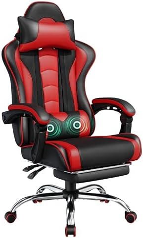 Yaheetech Gaming Chair with Footrest Massage Lumbar Pillow Black and Red by Yaheetech