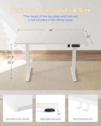 YIHAYO Electric Standing Desk, 48 x 24 Inches Stand Up Desk with Splice Board, Adjustable Height Desk, Computer Desk for Home Office, White Frame/White Top - Image 3