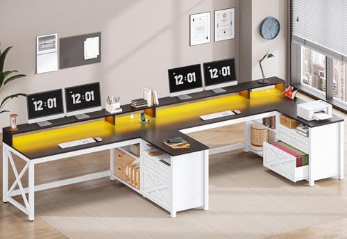 SEDETA Corner Computer Desk, 55" L Shaped Gaming Desk with Storage Drawers and Power Outlet, Farmhouse Corner Gaming Desk with Storage Shelves and LED Lights for Home Office, Black - Image 3