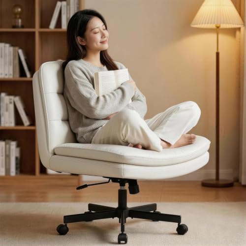 GTPLAYER Cross Legged Office Chair, Armless Desk Chair Cute Vanity Chair with Wheels Computer Chair Comfy Wide Office Chair Adjustable Swivel for Home Computer Task,Pu Leather Beige by GTPLAYER