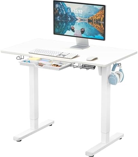 SHW 40-Inch Electric Height Adjustable Standing Desk w/Drawer, White by SHW
