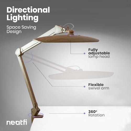 Neatfi XL 2200 Lumens 24W LED Desk Lamp – Shadow-Free Task Lighting | 4-Level Dimming | Home Office & Crafts Use | 20-Inch Wide Head (Brown Wood, Non-CCT with Clamp) - Image 5