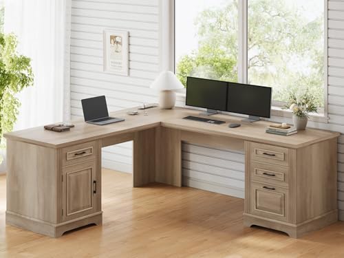Itaar Farmhouse L Shaped Desk, Executive Computer Desk with Drawers and Storage Cabinet, Home Office Desk with File Drawer and Power Outlet, Corner Desk, Workstation for Office Home, Oak by Itaar