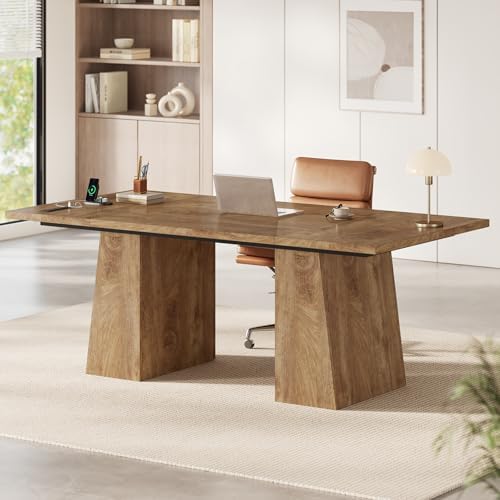 UPOSOJA 63 in Executive Desk with Power Outlets, Modern Home Office Desk with Storage Cabinet, Wood Computer Desk Business Workstation Desk Conference Table (Oak) - Image 4