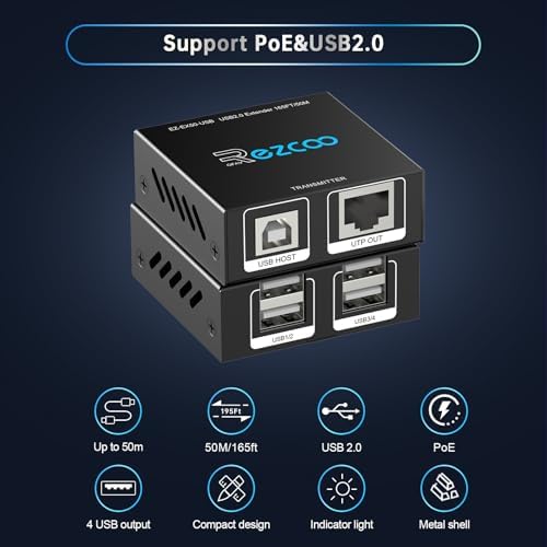 USB Extender 165ft 50m 4-Port USB2.0 HUB by Cat5e Cat6 -Two Webcam Work Sync,Plug & Play for Camera Storage Hard Drive PC Windows,MacOS,Android,1.5m USB Cable, 5V Power U SB Over Ethernet - Image 2