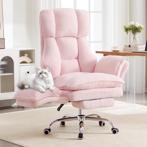 Big and Tall Office Chair with Flip Arms and Footrest, Teddy Criss Cross Legged Home Office Desk Chair with Pet Seat, Comfy Reclining Computer Gaming Chair, Pink by choairy